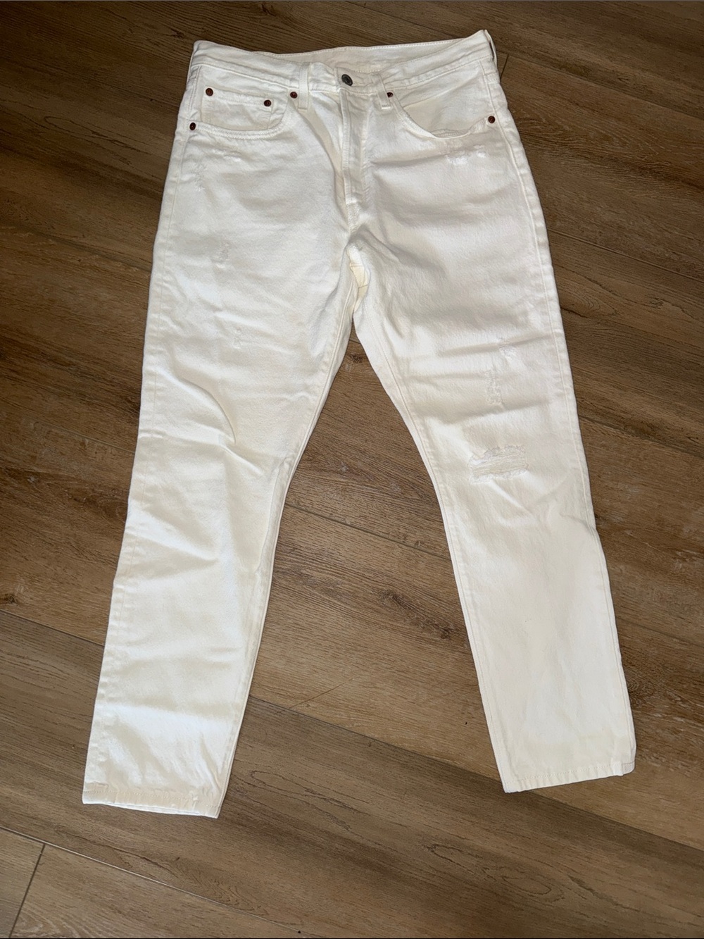 White Slim Straight Jeans with distressing